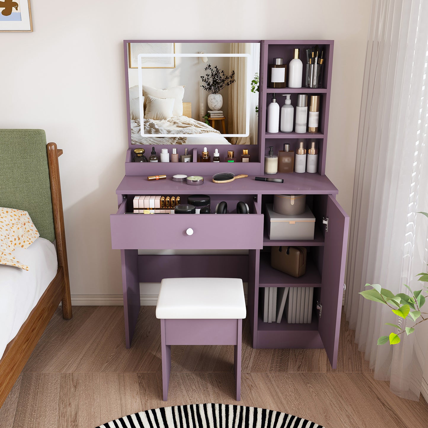 Stylish Vanity Desk Set with Padded Stool & Adjustable LED Lighted Mirror (3 Color Modes), Modern Bedroom Makeup Vanity Desk Combo, Purple image 2