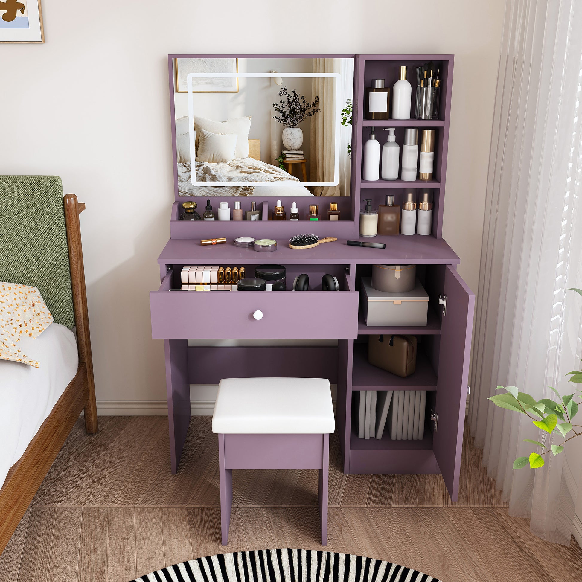 Stylish Vanity Desk Set with Padded Stool & Adjustable LED Lighted Mirror (3 Color Modes), Modern Bedroom Makeup Vanity Desk Combo, Purple image 2