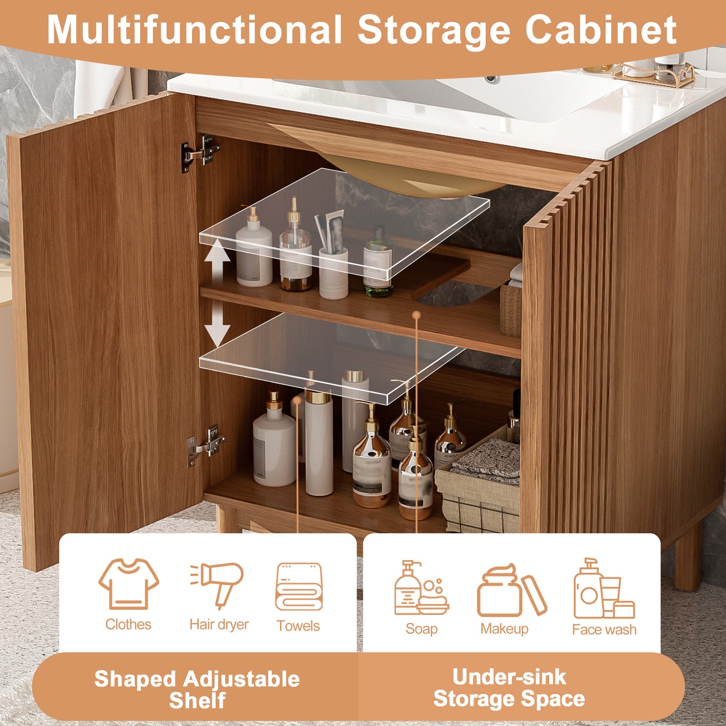 29.9-inch Traditional Bathroom Vanity with Ceramic Sink, Solid Wood Legs, MDF U-Shaped Adjustable Shelf, Soft-Close Doors, and Space-Saving Storage image 5