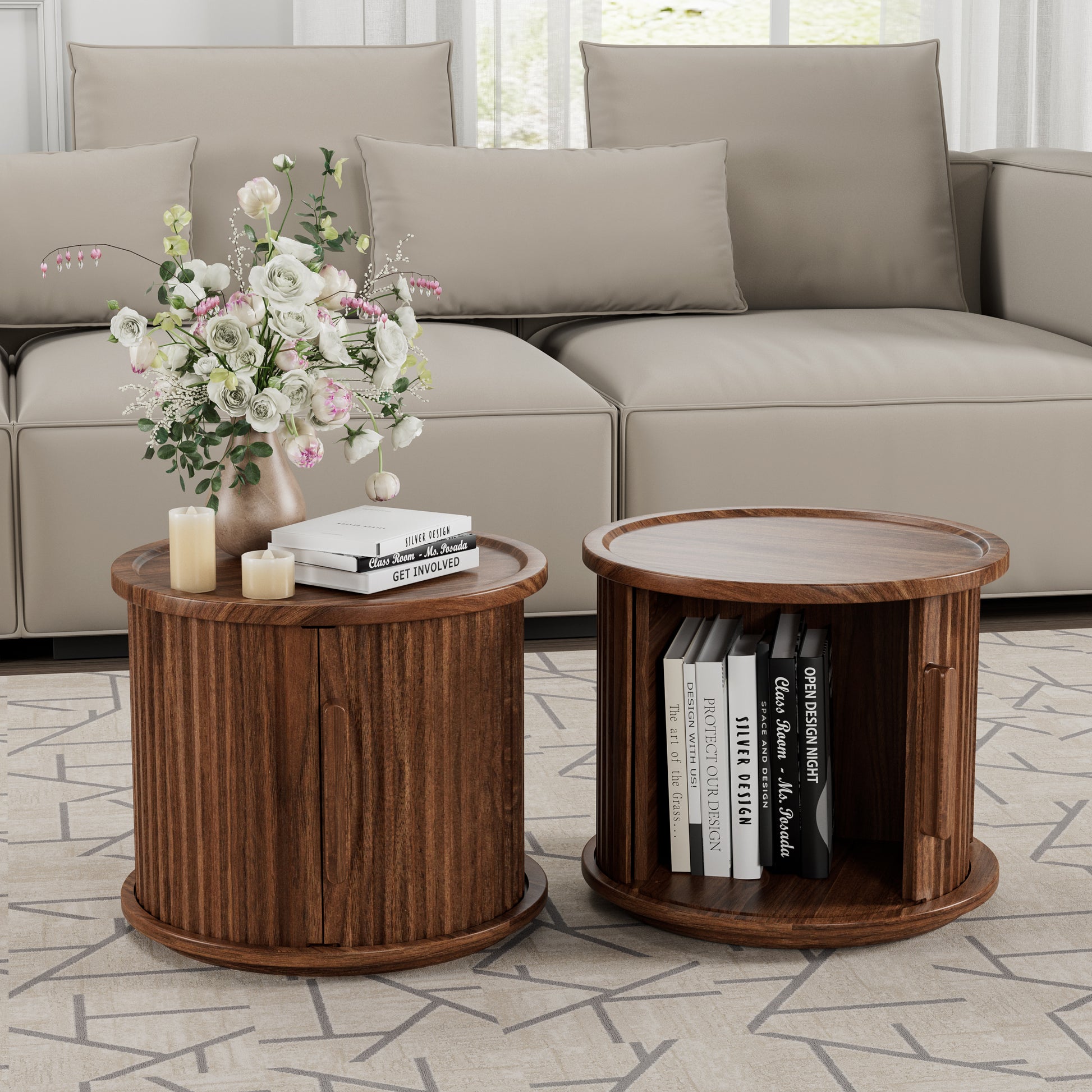 2Piece Round Coffee Table Set, Modern Nesting Side Tables with Sliding Door Storage, Walnut Finish Sofa End Table & Bedside Nightstand for Living Room & Bedroom, Fluted Roman Column Design Accent Tab image 1