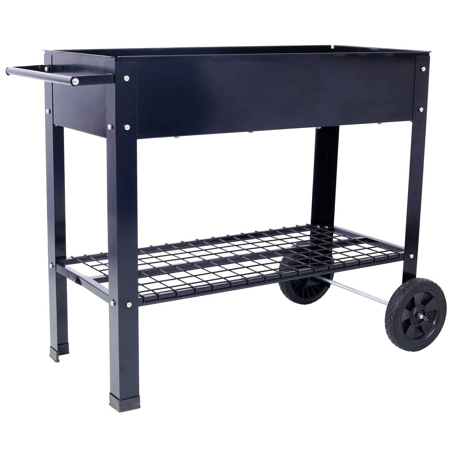Products Elevated Mobile Raised Ergonomic Metal Planter Garden Bed for Backyard, Patio w/Wheels, Lower Shelf, black image 4