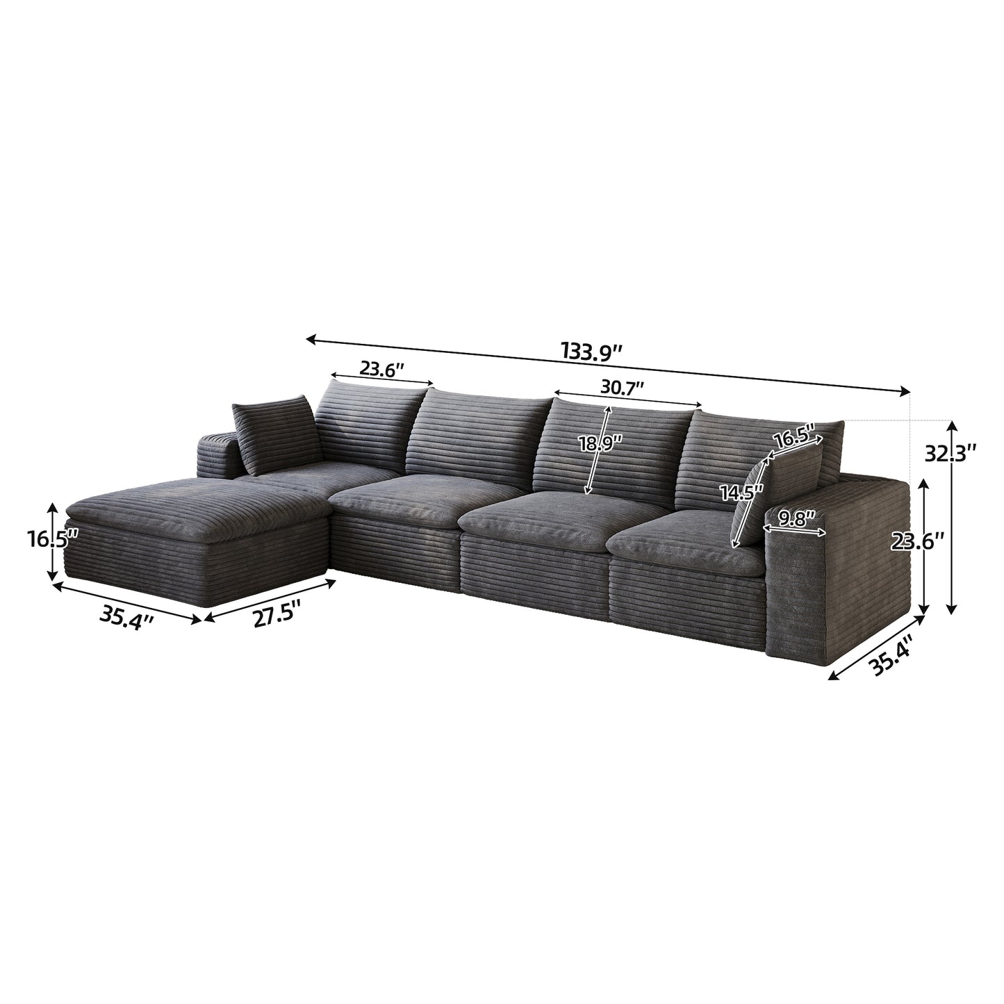 134" Cloud Sofa,Corduroy Fabric,Deep Seat Couches,Double-layer design,Removable Cushion,No Assembly, DIY Combination for Living room, Bedroom,Conference room,Apartment,Dark Grey image 7