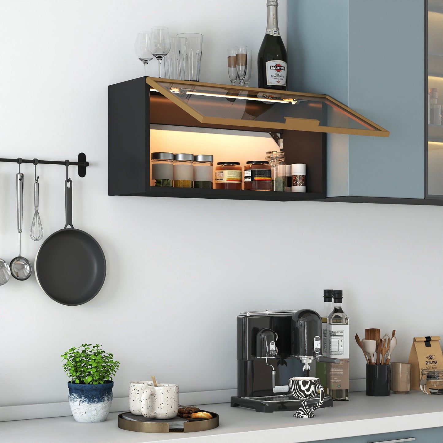 Large-Capacity Spice Rack Wall Mounted Storage Cabinet, Black Hanging Kitchen Pantry with Up-Flip Door, for Kitchen, Dining Room All Occasion image 1