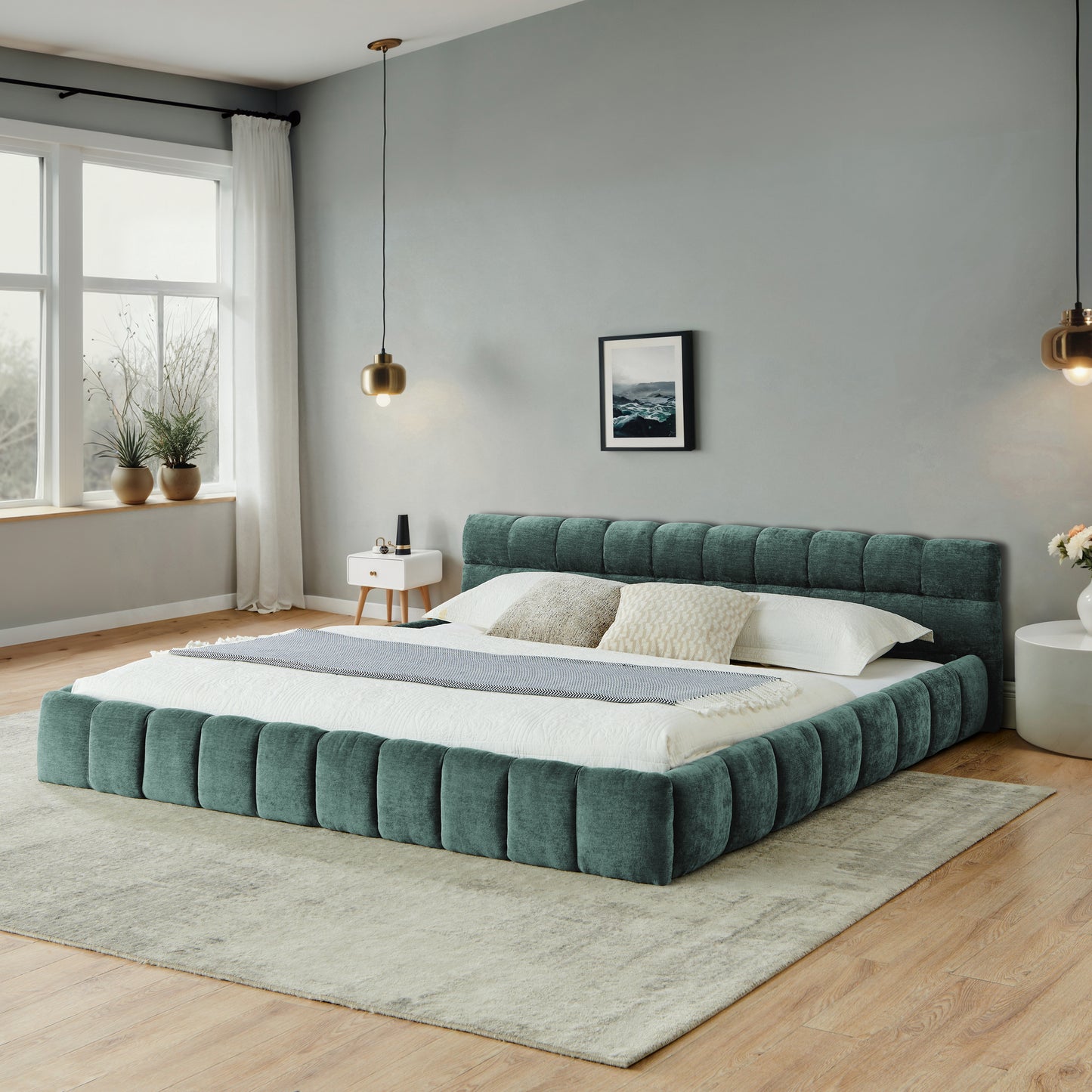 California King size Upholstered Bed Frame with Thick Fabric, Chenille Fabric Grounded California King Platform Bed with Headboard and Solid Frame. No Box Spring Needed-Blue Green-(90.5''*80.5''*31'') image 1