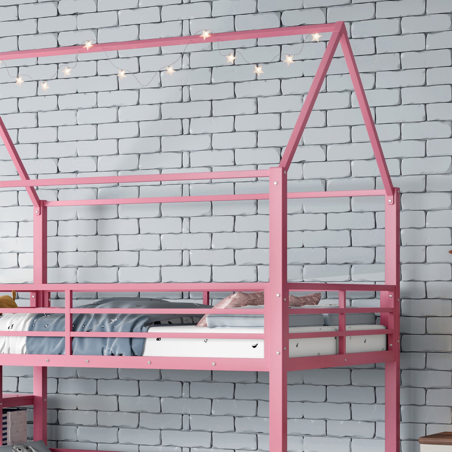 Full Metal House Bunk Bed with Storage Stairs, Slide, Safety Rails, Pink image 6