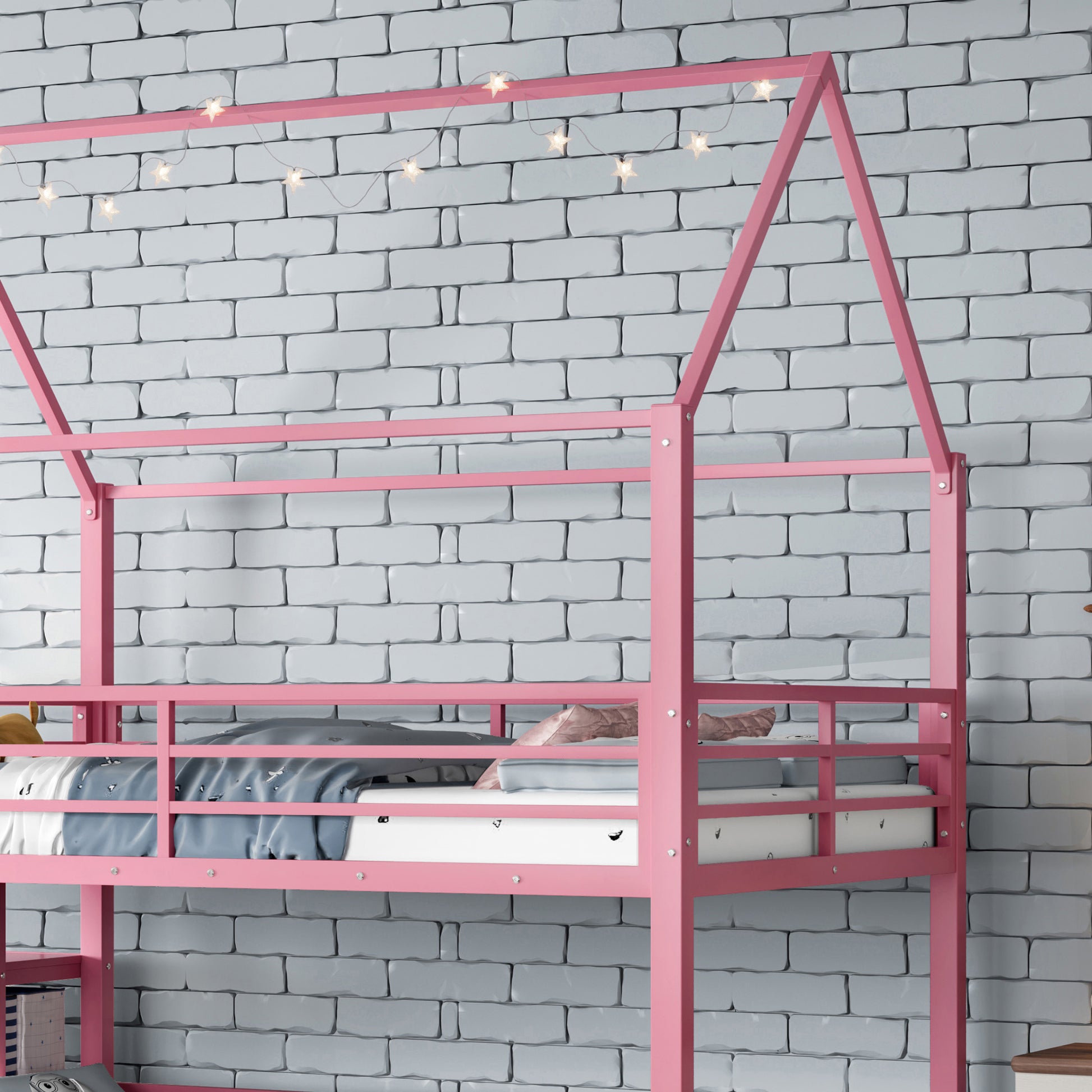 Full Metal House Bunk Bed with Storage Stairs, Slide, Safety Rails, Pink image 6