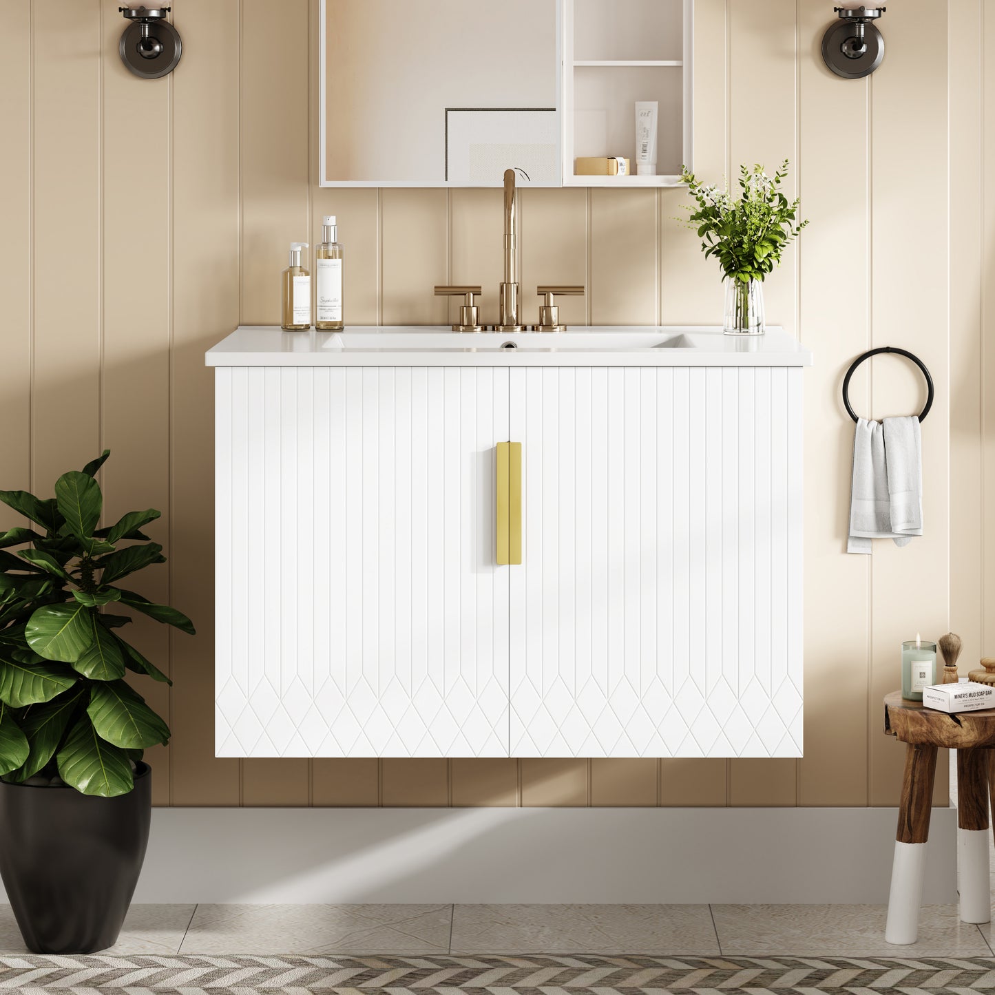 30" Vintage Bathroom Vanity with Ceramic Sink, with 3 Holes Single Ceramic Sink, Bathroom Storage Vanity Cabinet with 2 Soft Closing Doors image 1