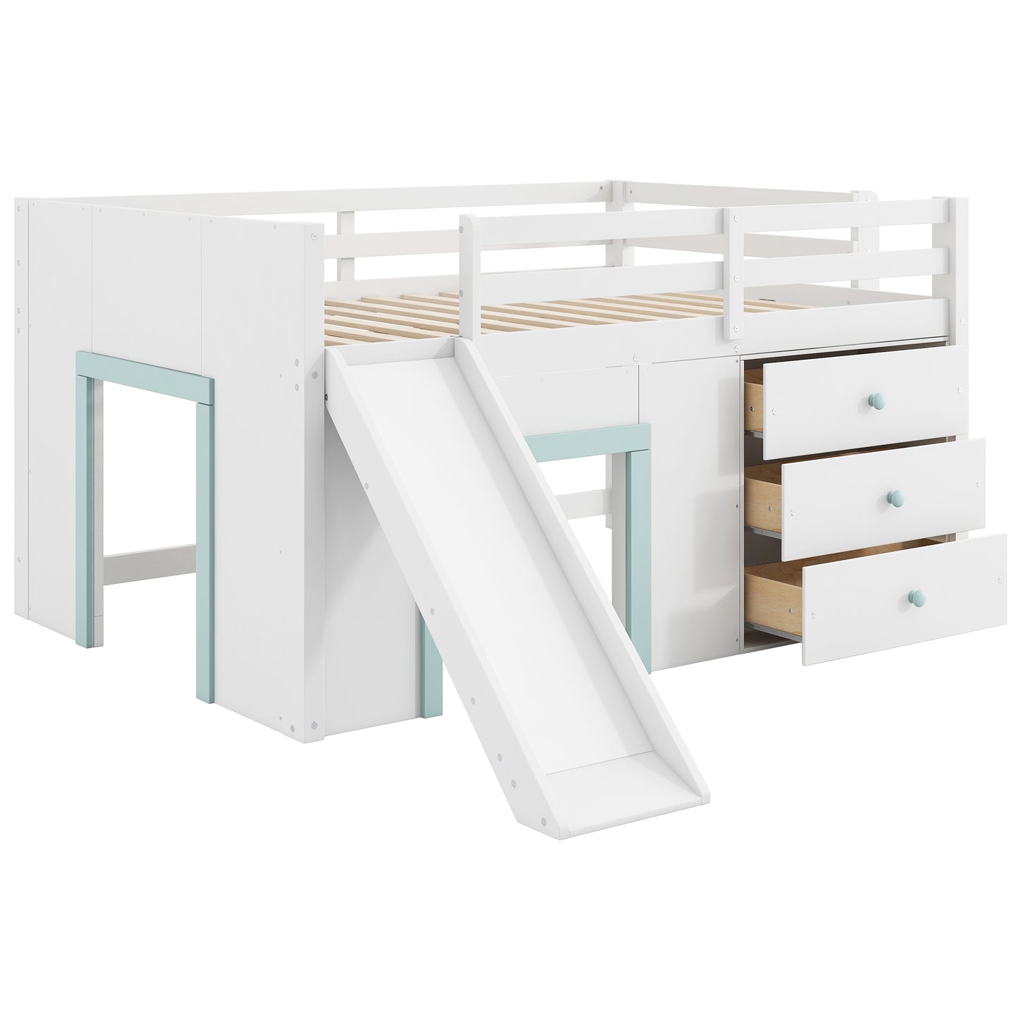 Full Size Low Loft Bed with Slide,Three Storage Drawers and Two Doors,White image 10