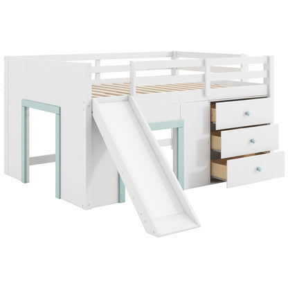 Full Size Low Loft Bed with Slide,Three Storage Drawers and Two Doors,White image 10