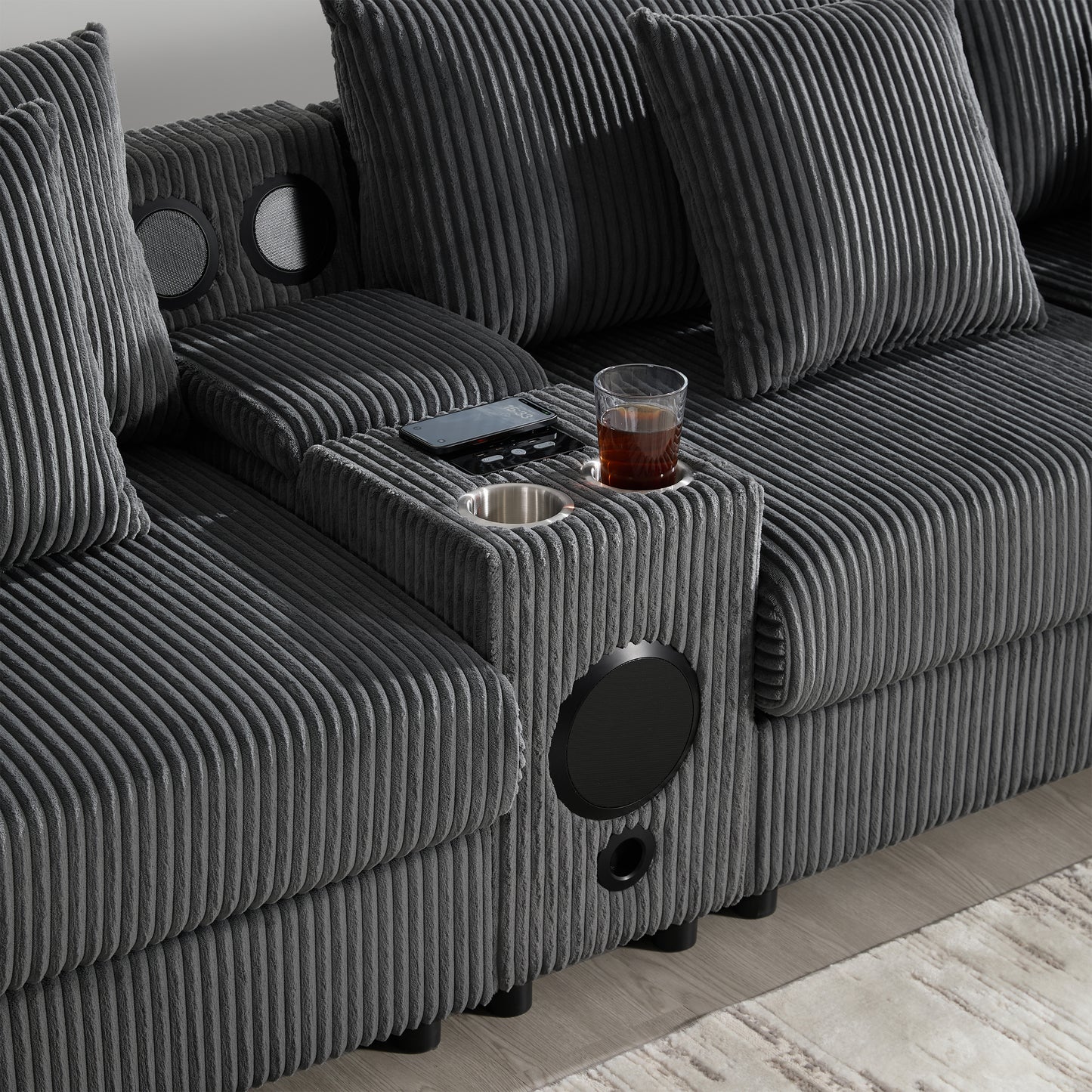 [VIDEO]141.5*64'' Corduroy Sectional Sofa with Bluetooth Speakers, U-Shaped Couch with Console, USB Charger, Cup Holders, Storage, Ottoman, Deep and Wide Seat Cloud Sofa for Living Room&Apartment image 9