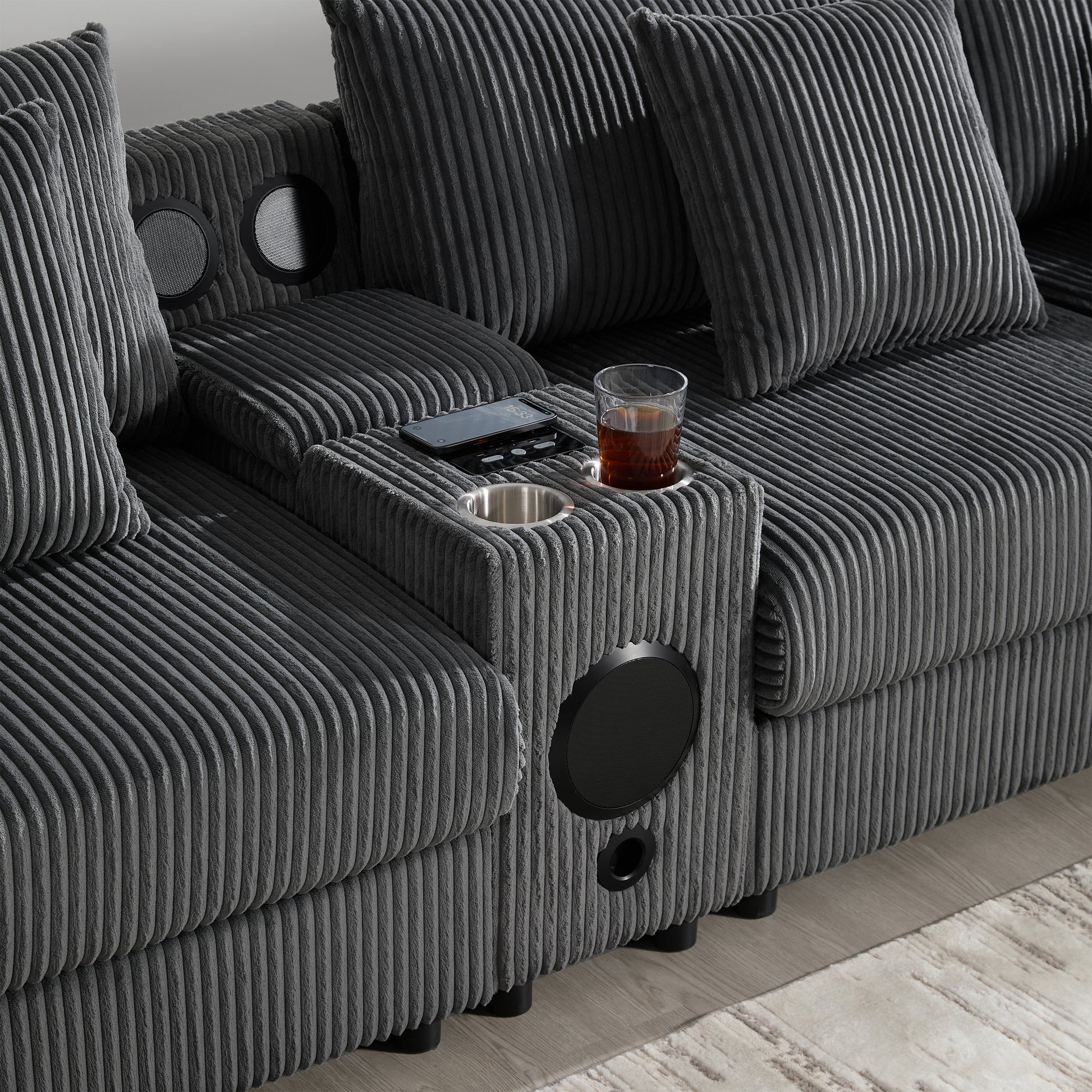 [VIDEO]141.5*64'' Corduroy Sectional Sofa with Bluetooth Speakers, U-Shaped Couch with Console, USB Charger, Cup Holders, Storage, Ottoman, Deep and Wide Seat Cloud Sofa for Living Room&Apartment image 9