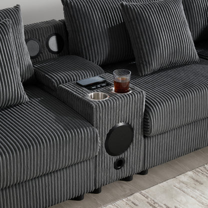 [VIDEO]141.5*64'' Corduroy Sectional Sofa with Bluetooth Speakers, U-Shaped Couch with Console, USB Charger, Cup Holders, Storage, Ottoman, Deep and Wide Seat Cloud Sofa for Living Room&Apartment image 9