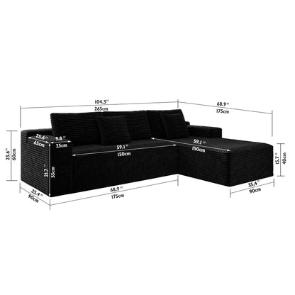 104.3*68.9"Modular sectional sofa seat,Upholstered compressed couch for living room,Bedroom,Apartment,No assembly required,2PC free combination,Plush corduroy fabric,BLACK image 7