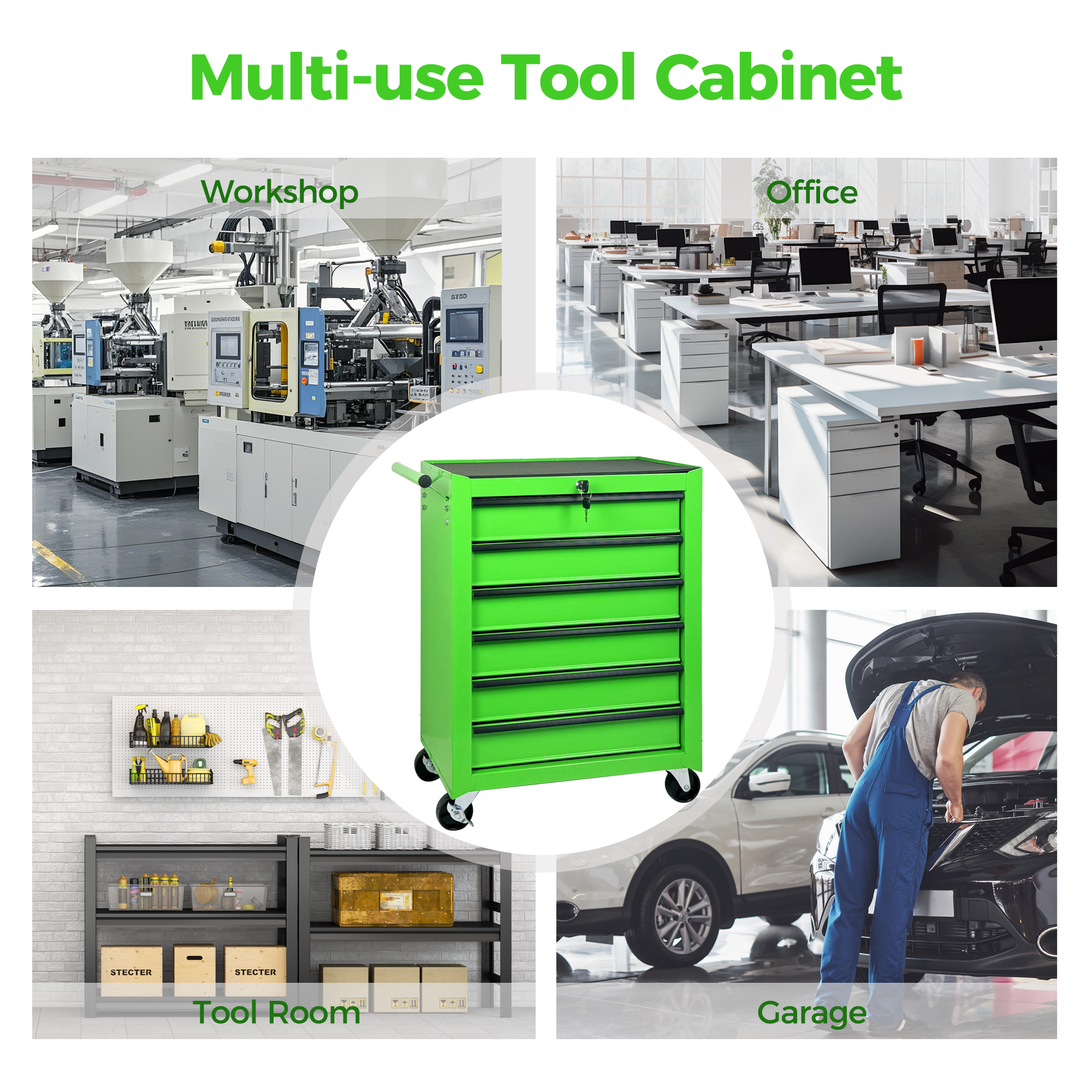 Rolling Metal Tool Chest with 6 Drawers, 20" 6-Drawer Tool Chest Cabinet with Ball Bearing Drawer Slides, Steel Tool Storage Box Organizer -GREEN image 2
