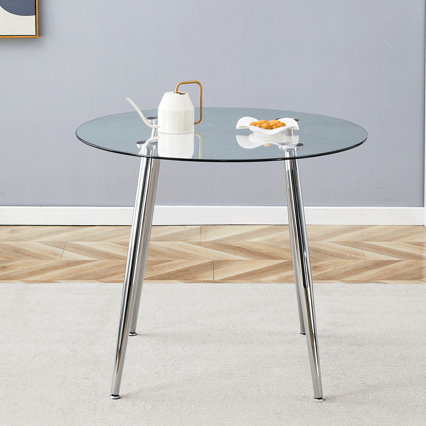 Round dining table with glass top, silver metal legs, exquisite life, starting from the details, the silver legs show an extraordinary texture, which is the finishing touch to your home image 3
