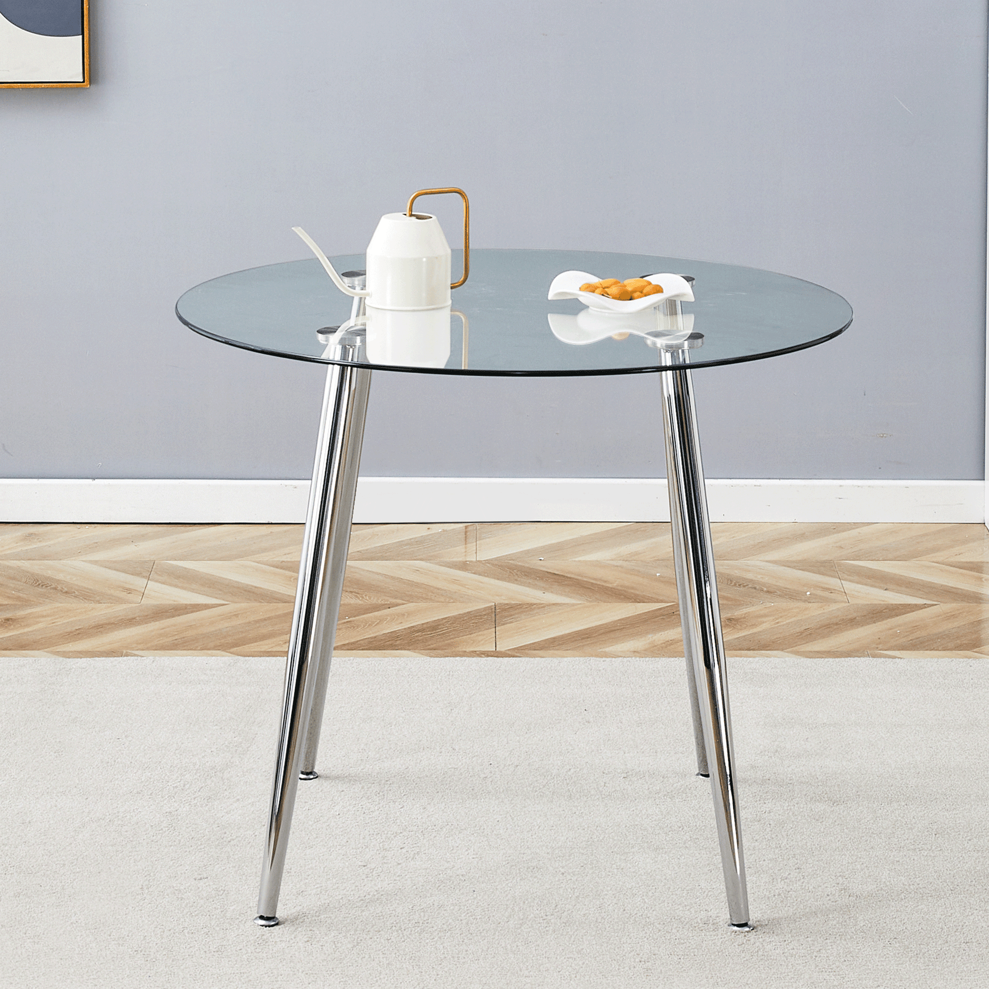 Round dining table with glass top, silver metal legs, exquisite life, starting from the details, the silver legs show an extraordinary texture, which is the finishing touch to your home image 3