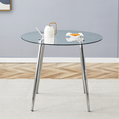 Round dining table with glass top, silver metal legs, exquisite life, starting from the details, the silver legs show an extraordinary texture, which is the finishing touch to your home image 3