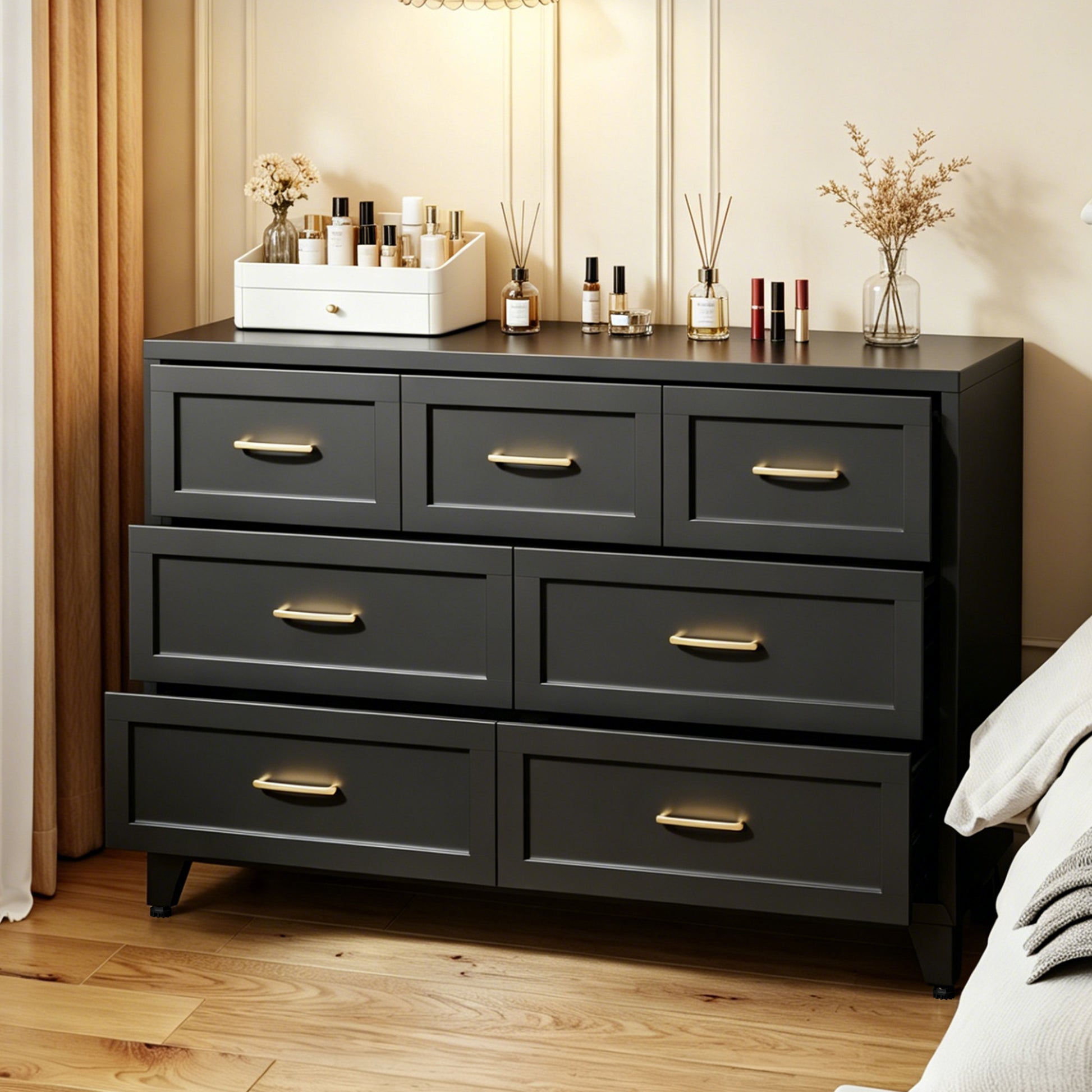 7-Drawer Dresser, Wide Low-Profile Storage Cabinet, Black Metal Chest of Drawers for Bedroom, Living Room & Entryway image 10