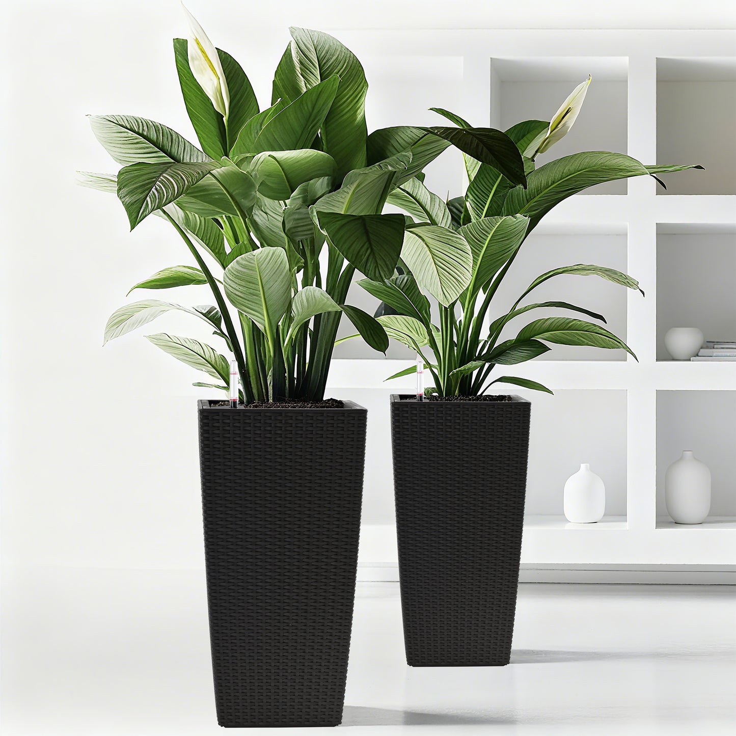 Pack of 2 Square Planter for Garden 22-Inch High Faux Rattan Design Flower Pot with Automatic Watering System for Porch, Patio, Backyard, Makes Keeping Flowers Easier image 11