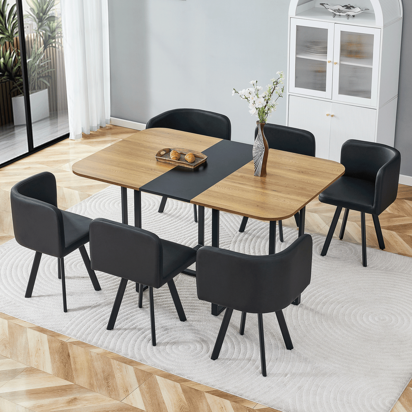 7-Piece Dining Table Set for 6, 1 Table & 6 Black PU Upholstered Chairs, Black & Wood Grain Melamine Table, Modern Kitchen Nook Set for Dining Room, Apartment & Small Space image 5