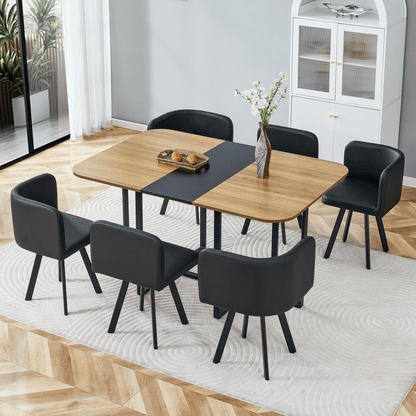 7-Piece Dining Table Set for 6, 1 Table & 6 Black PU Upholstered Chairs, Black & Wood Grain Melamine Table, Modern Kitchen Nook Set for Dining Room, Apartment & Small Space image 5