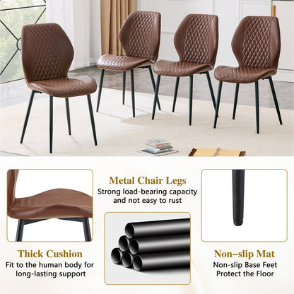 Set of 4 modern light luxury brown diamond-quilted PU chairs with black metal legs. Suitable as upholstered dining chairs with backrests for dining rooms, adaptable to a wide range of scenarios. image 11