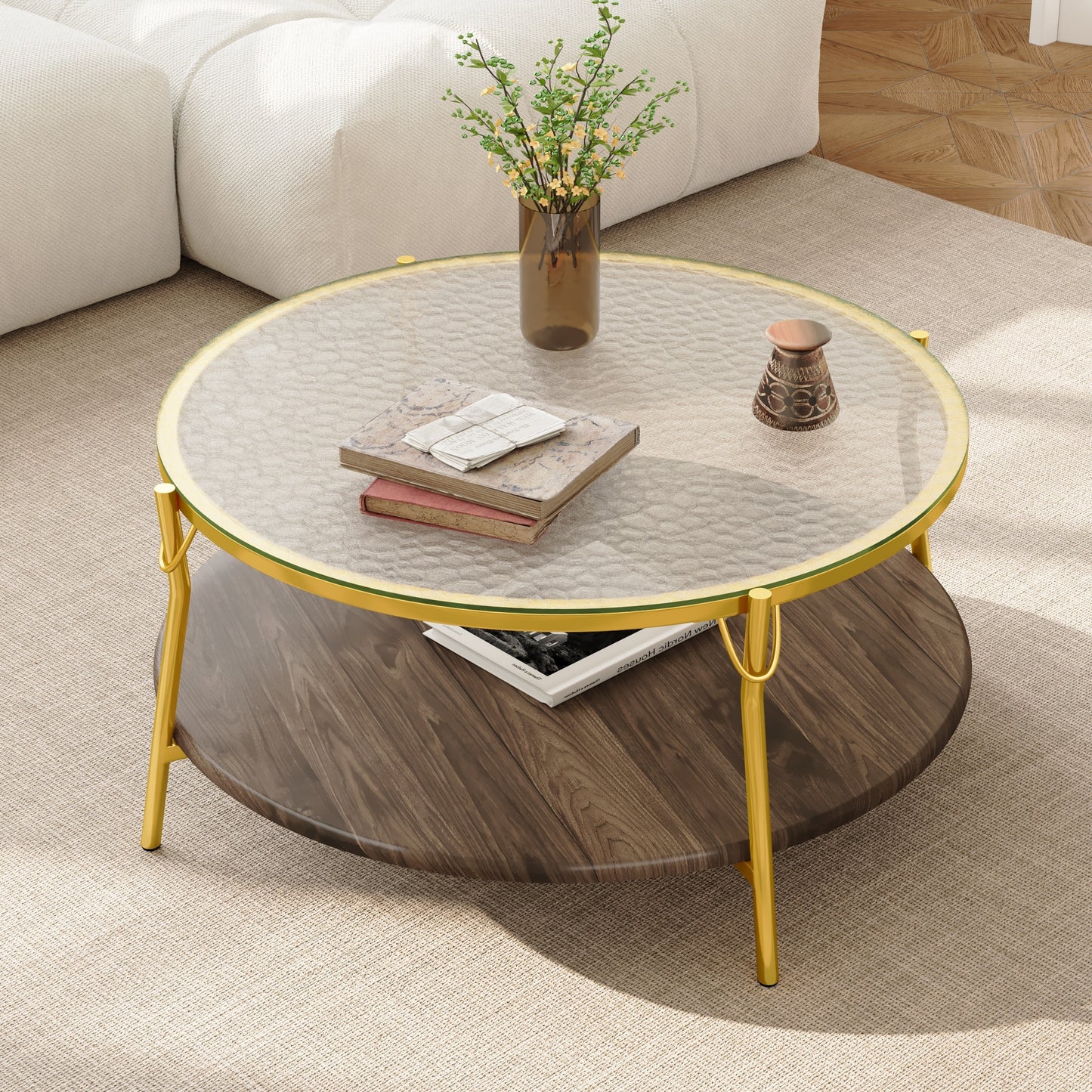 Modern Round Walnut 2-Tiered Coffee Table with Glass Top and Gold Base for Living Room, 29.9" image 1