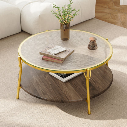 Modern Round Walnut 2-Tiered Coffee Table with Glass Top and Gold Base for Living Room, 29.9" image 1