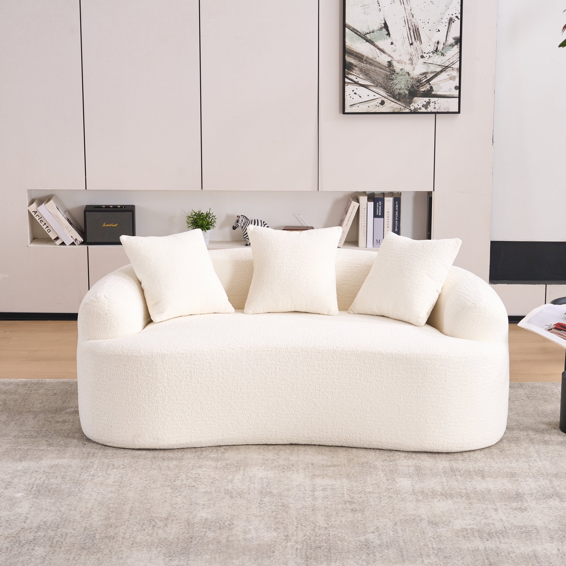 LY-025S Curved Loveseat White Full Compression Sponge Sofa, 30D Chenille No-Assembly Compact Sofa for Small Spaces & Apartments, 65"L, 300 lbs, 3 Pillows image 8