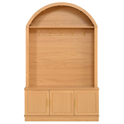 Farmhouse Fabric Arched Top Hall Tree with 5 Metal Hooks, All-in-One Mudroom Furniture with Adjustable Shelves, Mid-Century Fluted Door Entryway Bench with Wood Grain Finish for Hallway, Natural image 9
