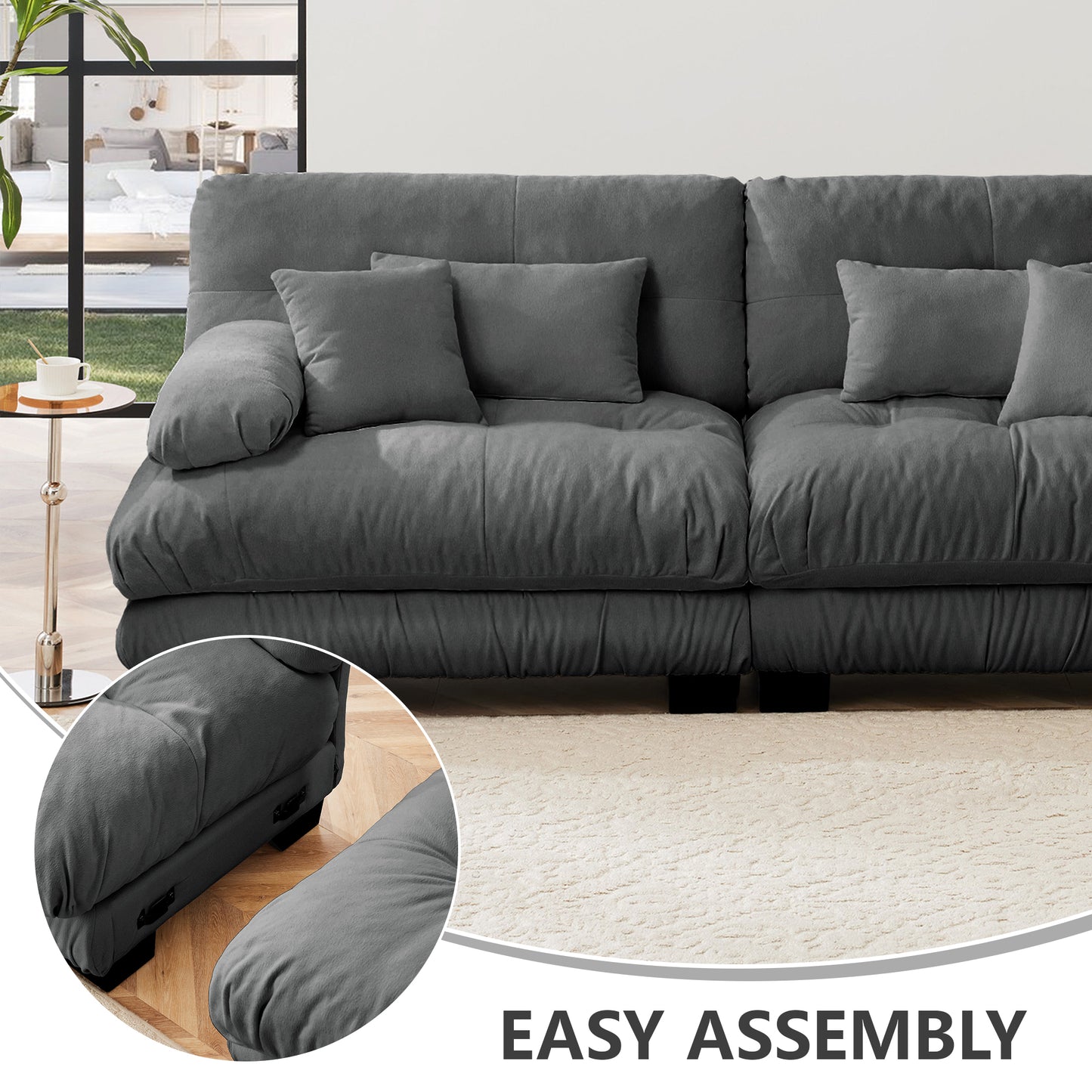 Cloud Couch Sleeper Sofa for Living Room, Chenille 2 Seater sofa with 2 Lumbar pillows and 2 throw pillows, Upholstered Wide Arm Sofa with 2 Ottomans,Chenille Gray image 6