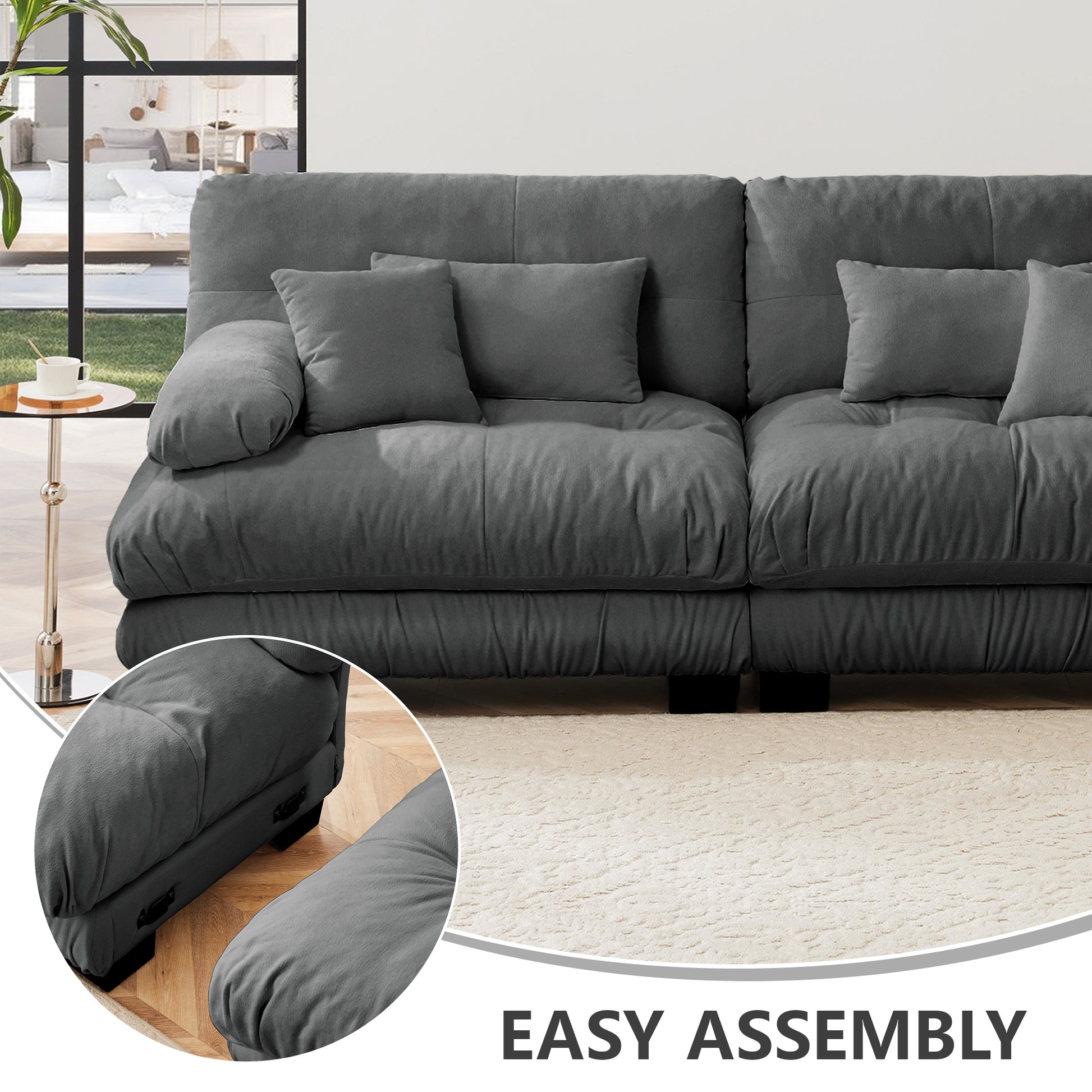 Cloud Couch Sleeper Sofa for Living Room, Chenille 2 Seater sofa with 2 Lumbar pillows and 2 throw pillows, Upholstered Wide Arm Sofa with 2 Ottomans,Chenille Gray image 6