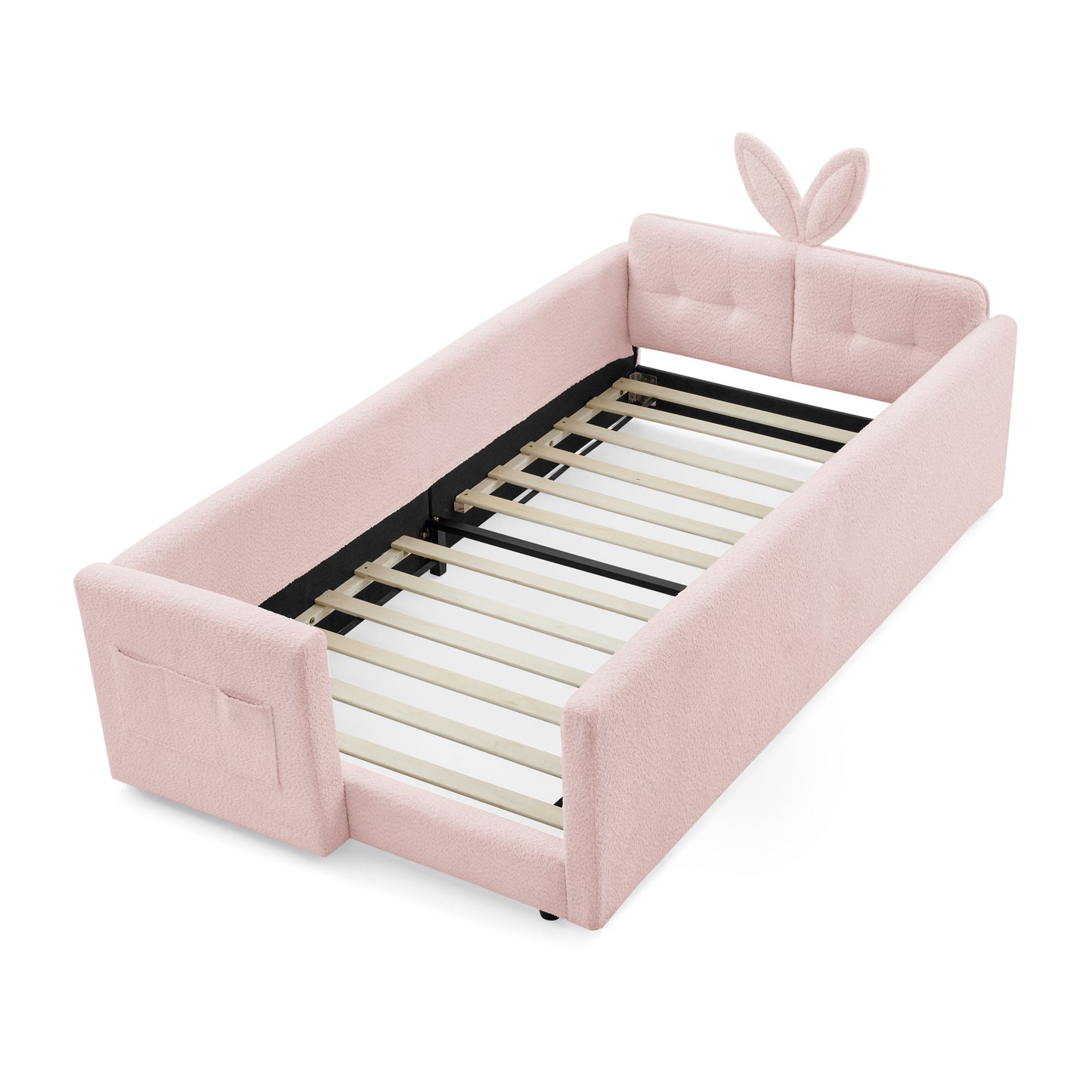 Twin Size Upholstered Platform Bed with Cute Rabbit Ear Shaped Headboard, with Safety Rail and Pocket, Boucle Fabric, Pink image 5
