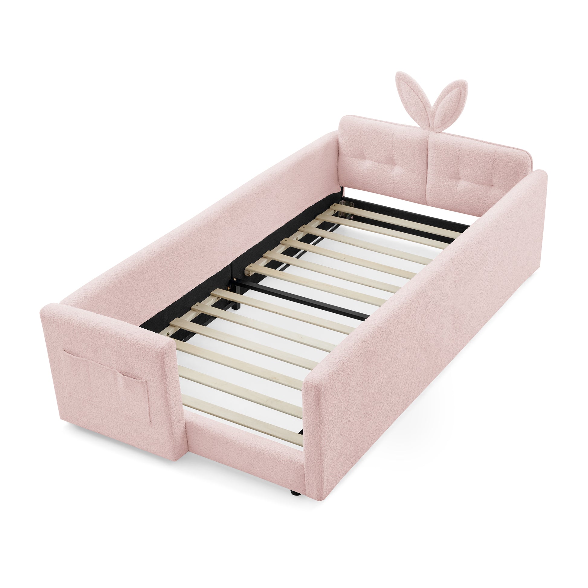 Twin Size Upholstered Platform Bed with Cute Rabbit Ear Shaped Headboard, with Safety Rail and Pocket, Boucle Fabric, Pink image 5