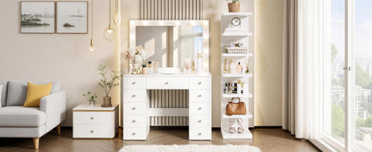 Vanity Desk with 11 Hollywood Bulbs & 7-Tier Storage Shelves, Makeup Vanity Desk with Power Outlet and 11 Drawers, 3 Color Lighting Modes, Dressing Table with Display Shelf Crystal Handles,White image 10