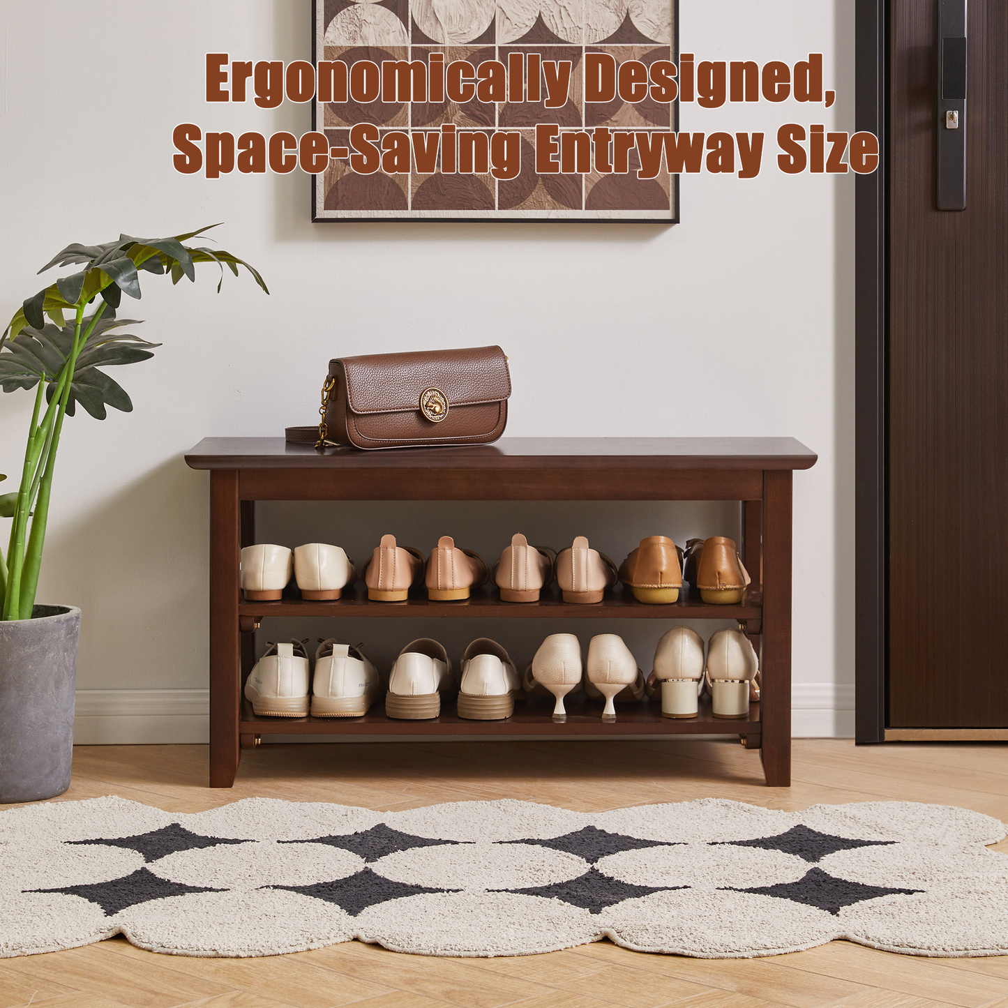 2-Tier Solid Wood Shoe Bench, Entryway Shoe Rack with Storage Shelves, Hallway Seat Bench for Shoes image 3