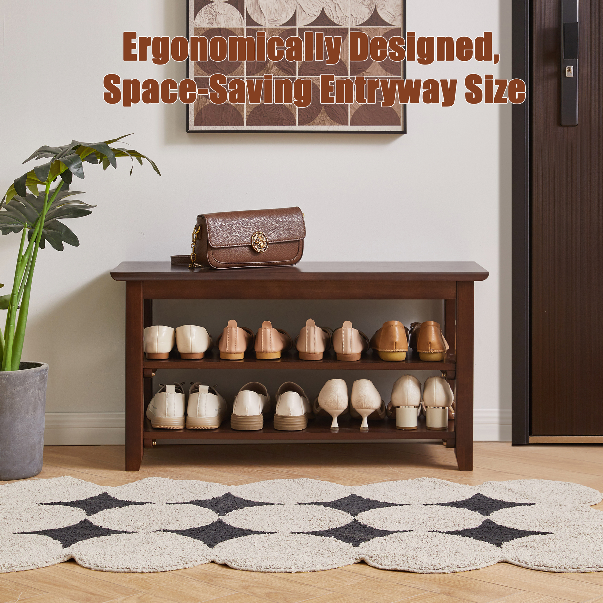 2-Tier Solid Wood Shoe Bench, Entryway Shoe Rack with Storage Shelves, Hallway Seat Bench for Shoes image 3