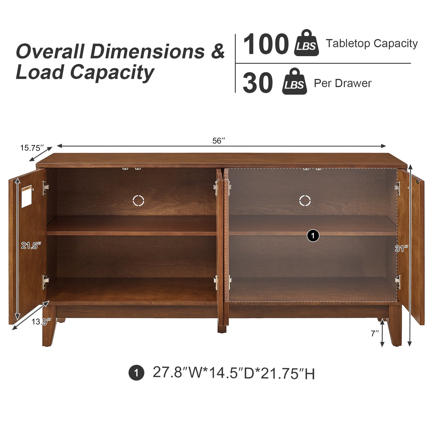 56" Mid Century Modern TV Stand, Wood Storage Cabinet with Carved Geometric Doors, 4 Door Media Console, Sideboard Buffet Cabinet for Living Room, Dining Room, Entryway image 11