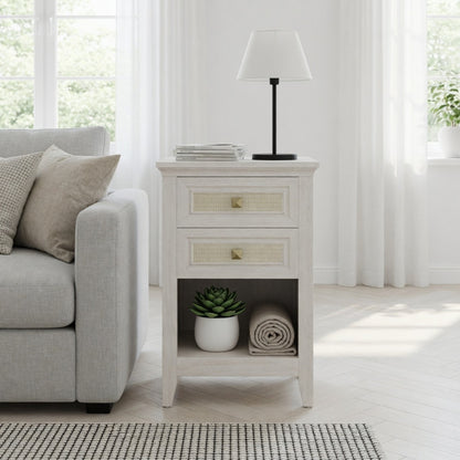 Set of 2 - 17.7" Wide White Rattan Nightstand w/ 2 Drawers - Boho 27" Tall Bedside Table for Small Spaces & Bedroom image 8