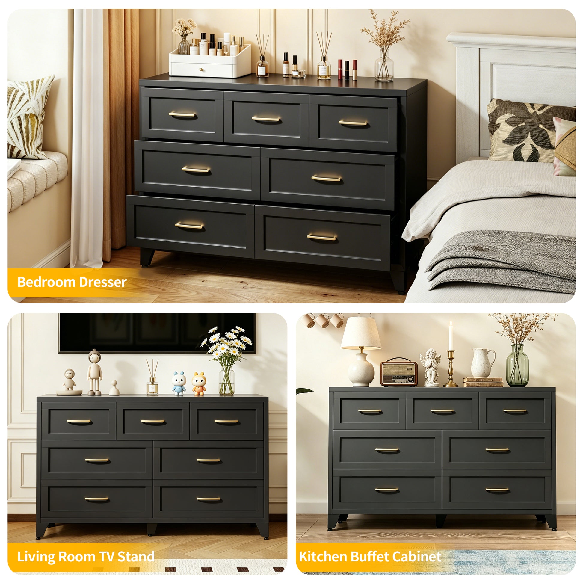 7-Drawer Dresser, Wide Low-Profile Storage Cabinet, Black Metal Chest of Drawers for Bedroom, Living Room & Entryway image 6