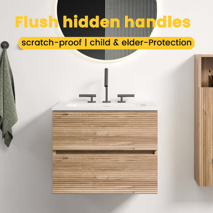 Gloria 24" Wall Mounted Rough Oak&Rough Oak Bathroom Vanity with Integrated Ceramic Sink with 3 holes, Overflow, Large Storage Floating Bathroom Vanity for Modern Bathroom, KD image 3