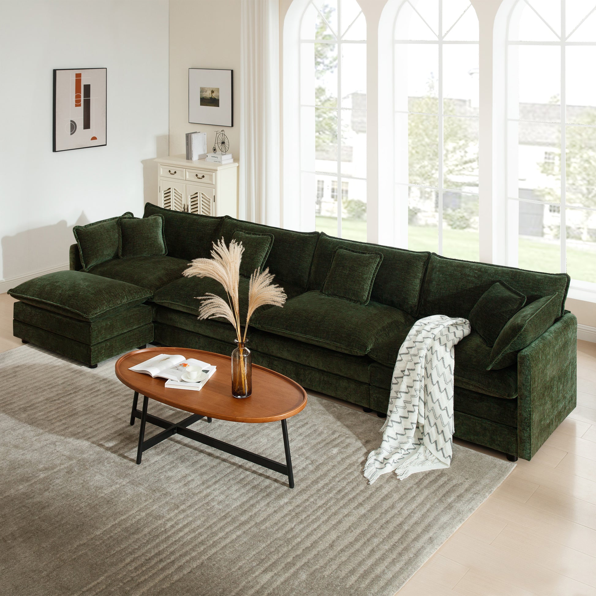 Modular Sectional Sofa for Living Room,U Shaped Couch 4 Seater Convertible Sectional Couch with 1 Ottoman,Green Chenille image 1