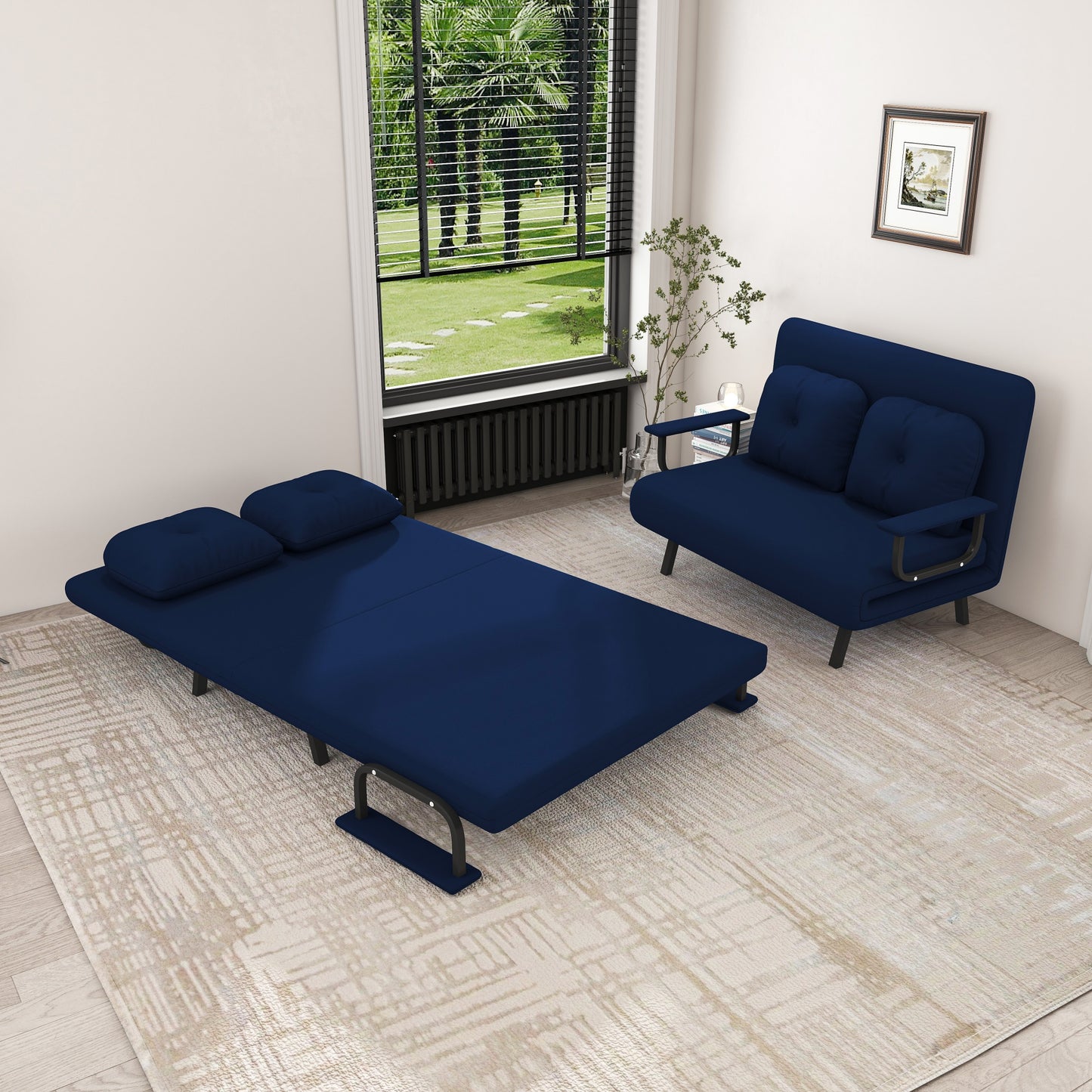 46" Wide Folding Sofa Bed 5-in-1 Convertible Chair for Two - 5-Position Adjustable Backrest with Pillow, Space-Saving Sleeper for Living Room, Bedroom & Office (71.6"W x 46"D)(Bule) image 1