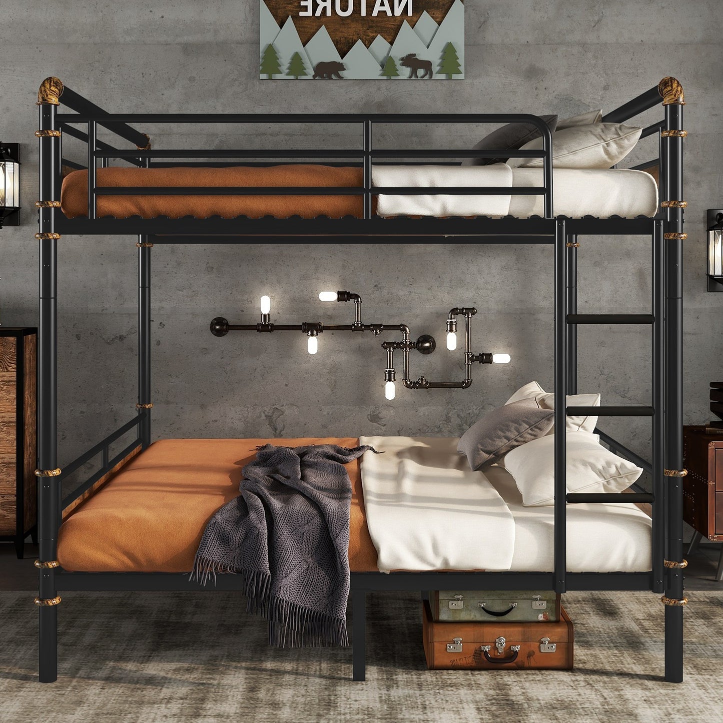 Queen over Queen Metal Bunk Bed, Industrial Detachable Bunkbeds with Safety Guard Rails for Teens, Black(Old SKU W2580S00019) image 2