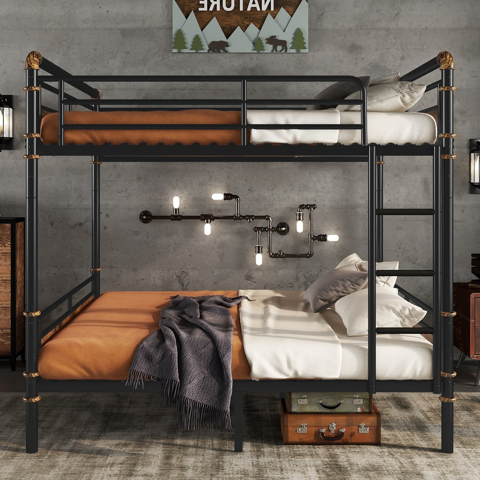 Queen over Queen Metal Bunk Bed, Industrial Detachable Bunkbeds with Safety Guard Rails for Teens, Black(Old SKU W2580S00019) image 2