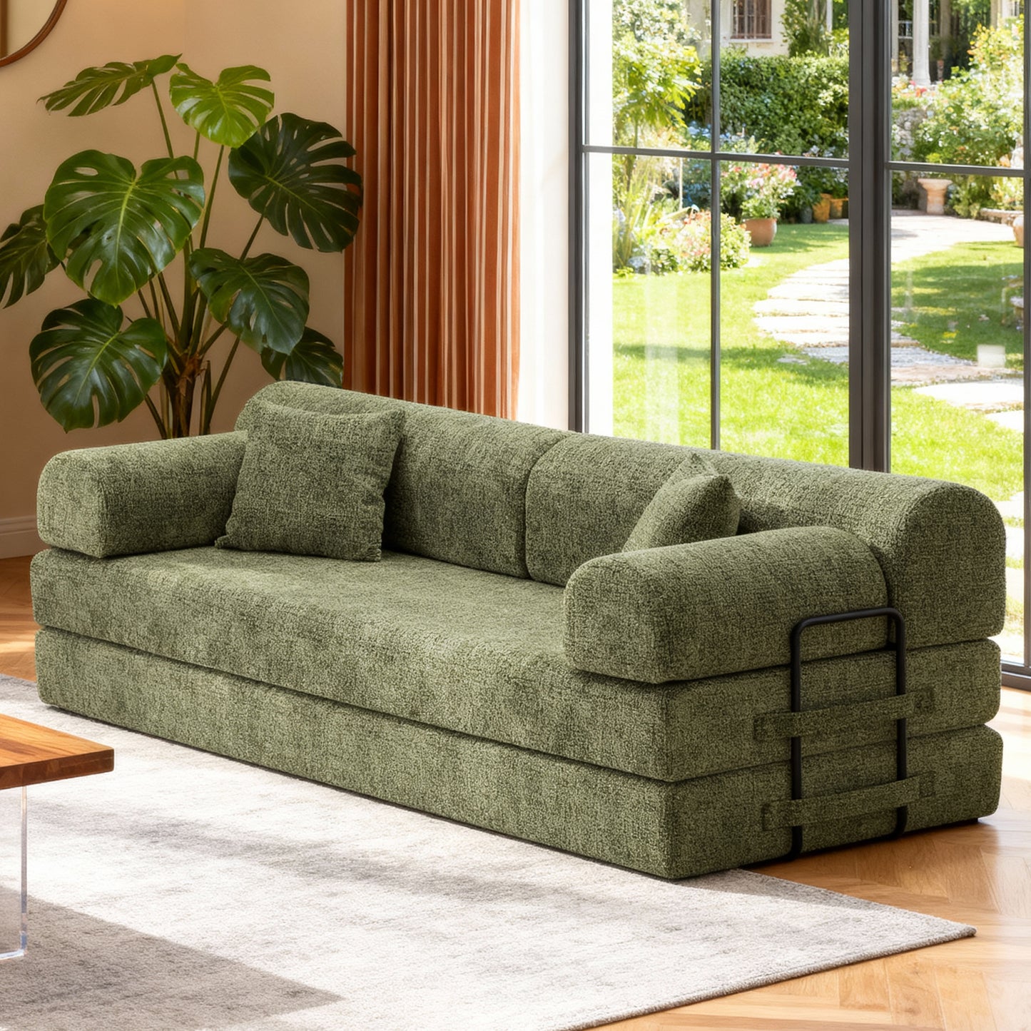 Convertible Sleeper Sofa Bed,two-tone blended fabric Folding Mattress Couch with Fixed-Shape Frame, Floor Sofa Lounge Couch for Living Room Bedroom(Moss Green) image 1