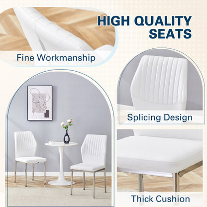 Luxury Simple Chair - Set of 4 White PU Material High Resilience Dining Chair with Metal Silver Leg.The Chair Back Has a Vertical Stripe Design With Smooth And Uniform Lines. image 6