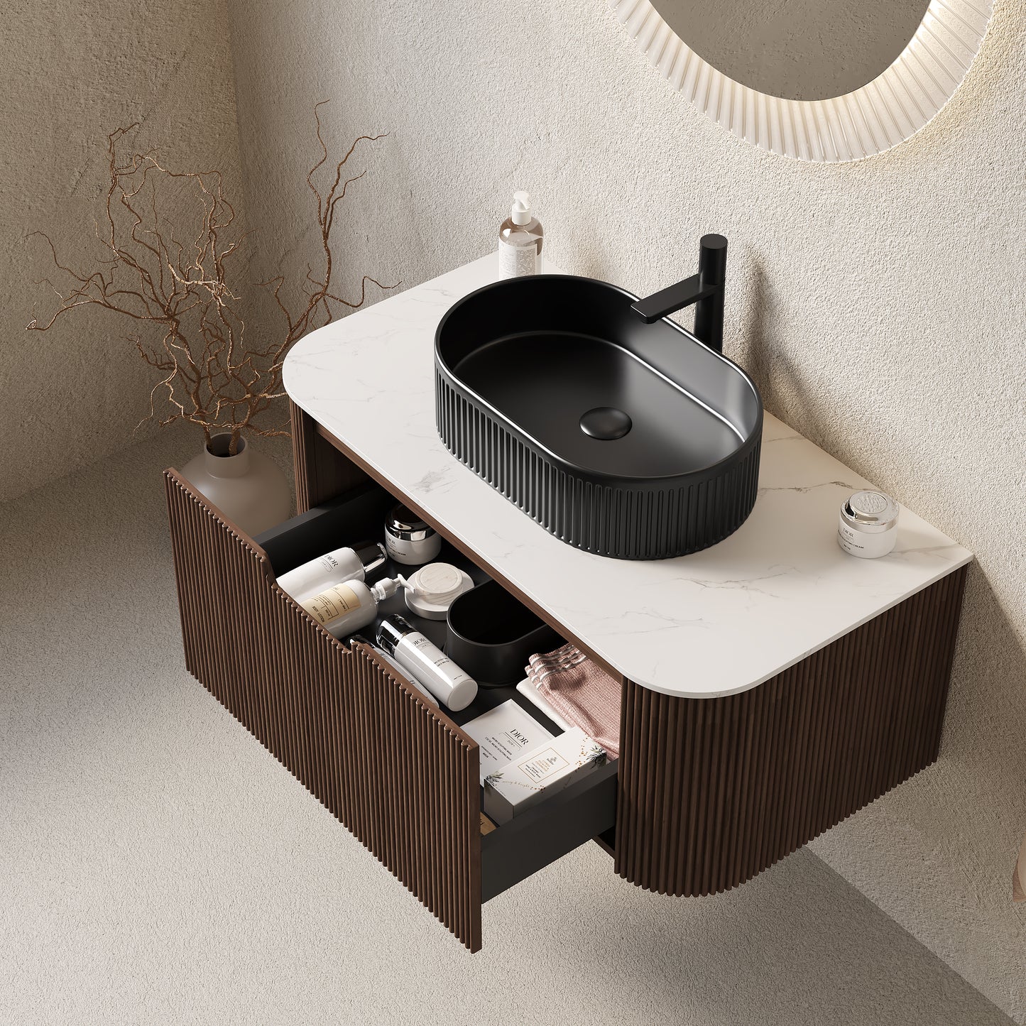 DINA 36" Bathroom Vanity with Sink, Modern Wall-Mounted Curved Edges Striped Bathroom Storage Cabinet with a Drawer, Black Ceramic Vessel Basin, NO Faucet, Pre-assembled, Dark Walnut Woodgrain Color image 2