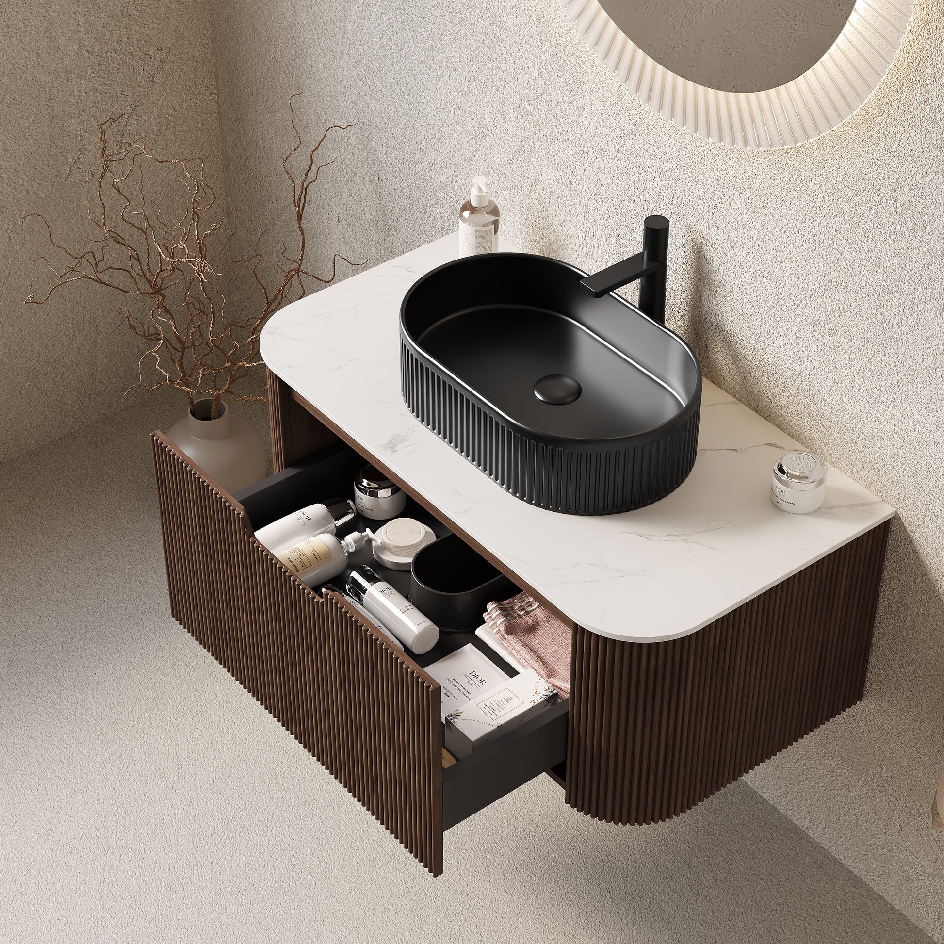 DINA 36" Bathroom Vanity with Sink, Modern Wall-Mounted Curved Edges Striped Bathroom Storage Cabinet with a Drawer, Black Ceramic Vessel Basin, NO Faucet, Pre-assembled, Dark Walnut Woodgrain Color image 2