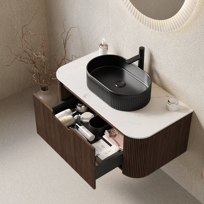 DINA 36" Bathroom Vanity with Sink, Modern Wall-Mounted Curved Edges Striped Bathroom Storage Cabinet with a Drawer, Black Ceramic Vessel Basin, NO Faucet, Pre-assembled, Dark Walnut Woodgrain Color image 2